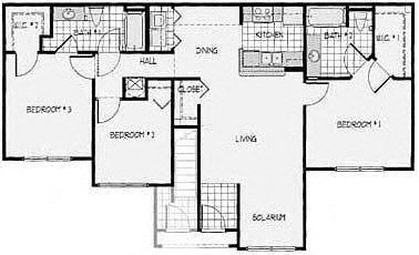 Floor plan for 3 beds, 2 baths, 1207 sqft